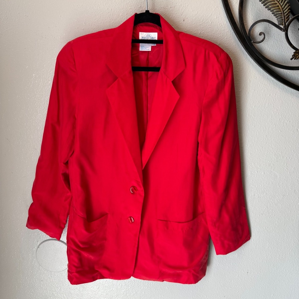 Vtg WinterSilks Women's 100% Silk Blazer Jacket Red Minimalist Classic 90s Small